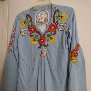 JOHNNY WAS Joystick Blue Embroidered Tee Top Western Cowboy Top Medium M